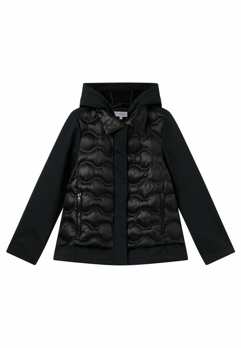 Veste matelassée noire avec un devant matelassé et brillant ainsi qu'une capuche. Sections gonflées texturées contrastant avec un tissu mat aux manches et au bas.