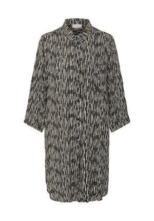 Camicia a righe bianco e nere con colletto, maniche tre quarti e tasca frontale. Vestibilità rilassata e tessuto leggero.