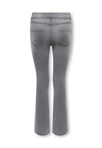 Grå vide jeans med en jevn tekstur, baklommer og detalj på midjebåndet; har en tettsittende overdel og vide ben nedentil.