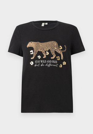 Svart bomullströja med leopardmönster och gyllene detaljer. Har texten "STAY WILD AND FREE men var annorlunda" nedanför.