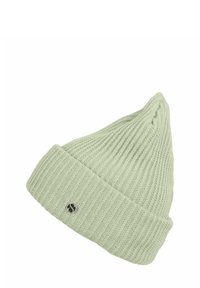 Light green knit beanie hat with a ribbed texture, featuring a folded cuff and a small black logo detail on the front.