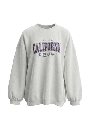 Jasnoszara bluza z prążkowanymi mankietami i dołem, z przetartym napisem "California Golden State West Coast Est. 1990" z przodu.