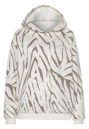 Felpa con cappuccio bianca, caratterizzata da un motivo astratto beige. Include una tasca a marsupio e lacci con punte in metallo.