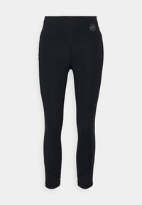 Zwarte leggings met een hoge tailleband, gemaakt van een soepele, rekbare stof. Kenmerkt subtiele zijkrepen en een klein logo nabij de taille.