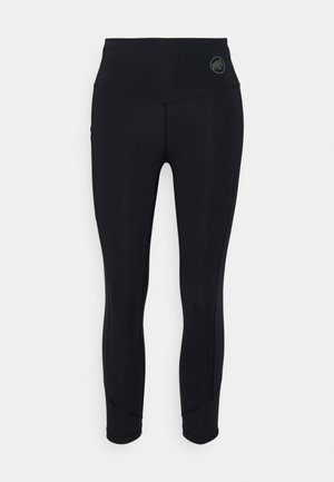 Leggings neri con vita alta, realizzati in un materiale liscio e elastico. Presentano cuciture laterali sottili e un piccolo logo vicino alla vita.