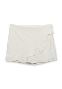 Pantalones cortos blancos con dobladillo con volantes y patrón de ojales florales. Textura suave, tela ligeramente elástica. La cinturilla se sitúa por encima de las caderas.