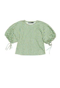 Geprinte blouse in lichtgroen en gele ruitpatroon, met pofmouwen en verstelbare strikken bij de manchetten. Lichtgewicht stof.
