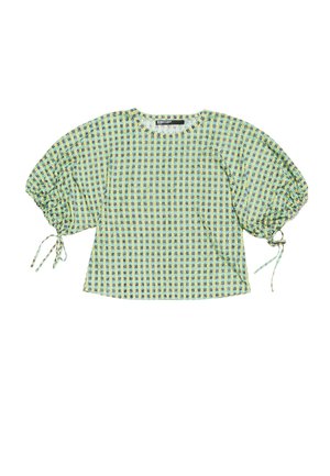 Patterned blouse in light green and yellow check design, featuring puff sleeves with adjustable ties at the cuffs. Lightweight fabric.