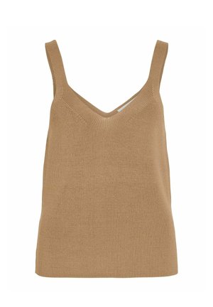 Hirvtõmblusega beež kampsunitüüp laiade rihmade ja V-kaelusega, valgel taustal.