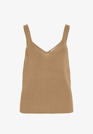 Ärmelloses beiges, gestricktes Tanktop mit breiten Trägern und V-Ausschnitt, dargestellt vor weißem Hintergrund.