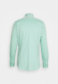 Chemise habillée vert clair à manches longues vue de dos, avec un col pointu et des poignets boutonnés sur fond uni.