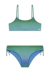 Bikini vrch s gradientom v zelenej a modrej farbe s tenkými ramienkami a hladkým povrchom; zodpovedajúce bikini dno s nastaviteľnými viazaniami a bezšvovými okrajmi.