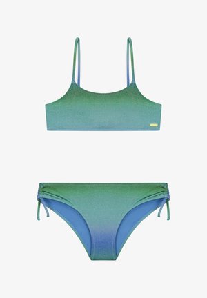 Bikinis-ykköset vihreä ja sininen gradientti ohutolkaimilla ja sileällä pinnalla; vastaava bikinit alaosa säädettävillä siteillä ja saumattomilla reunoilla.