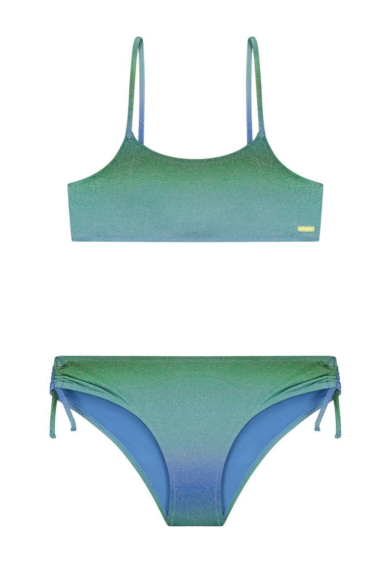 Bikini vrch s gradientom v zelenej a modrej farbe s tenkými ramienkami a hladkým povrchom; zodpovedajúce bikini dno s nastaviteľnými viazaniami a bezšvovými okrajmi.