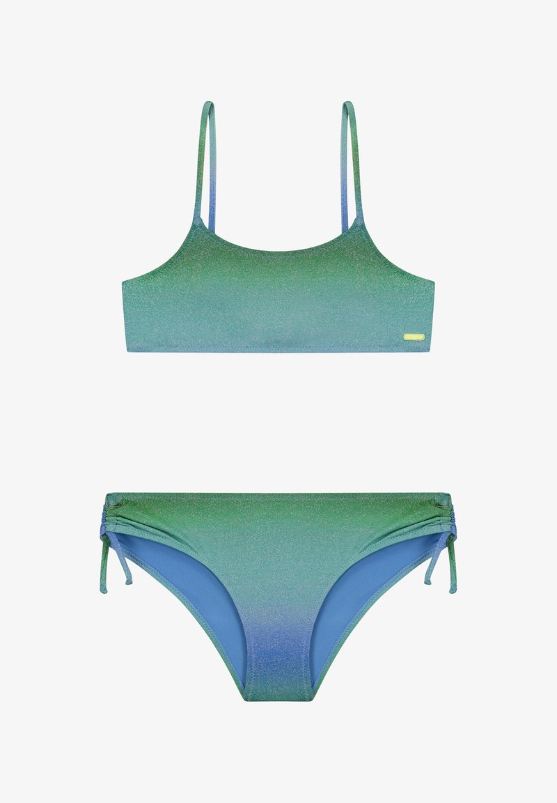 Žalias ir mėlynas gradientinis bikini viršus su plonomis petnešomis ir sklandžiu paviršiumi; atitinkami bikini apatiniai su reguliuojamomis raištelėmis ir be siūlių kraštais.