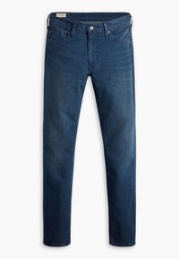 Tmavě modré slim-fit džíny s pěti kapsami, poutky na opasek a předním zapínáním na knoflík, položené na bílém pozadí.