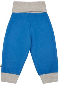 Blauwe stof sweatpants met een grijze tailleband en manchetten, voorzien van een zachte textuur en een relaxte pasvorm, ontworpen voor comfort.