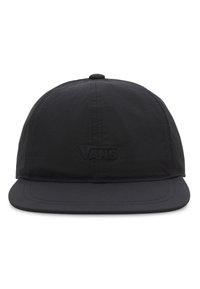 Schwarze Kappe mit flachem Schild, aus leichtem Stoff gefertigt. Hat ein minimalistisches Design und ein geprägtes Vans-Logo auf der Vorderseite.