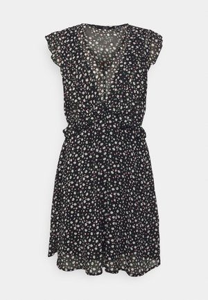 Zwarte jurk tot op de knieën met witte en roze bloemenprint, V-hals, korte wijd uitlopende mouwen en een geplooide taille.