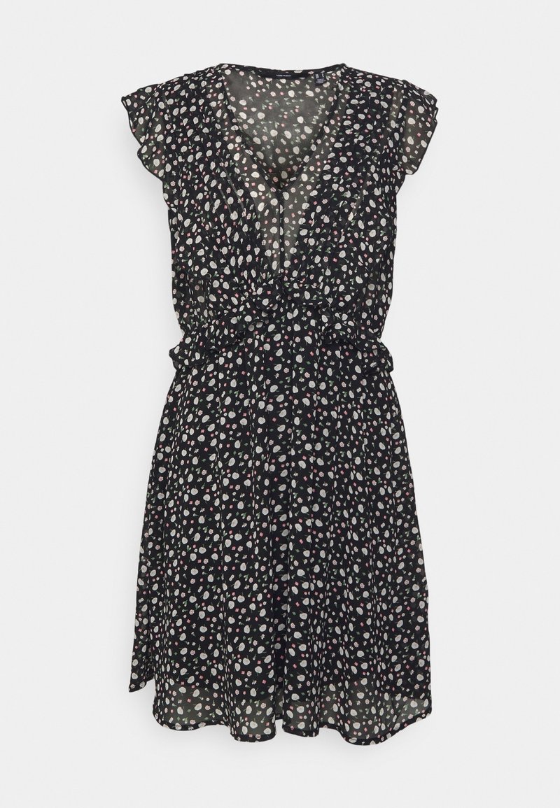 Czarna sukienka do kolan z białym i różowym kwiatowym wzorem, dekoltem w serek, falującymi rękawami i marszczonymi detalami w talii.