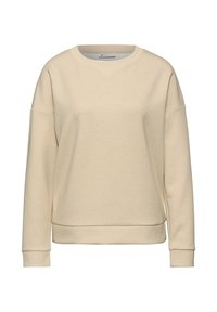 Beżowa bluza wykonana z miękkiego materiału, z okrągłym dekoltem, opuszczanymi rękawami oraz prążkowanym dołem i mankietami. Gładki, czysty design.