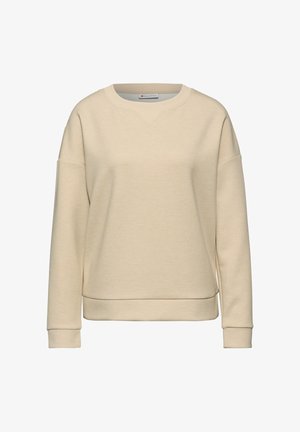 Beżowa bluza wykonana z miękkiego materiału, z okrągłym dekoltem, opuszczanymi rękawami oraz prążkowanym dołem i mankietami. Gładki, czysty design.