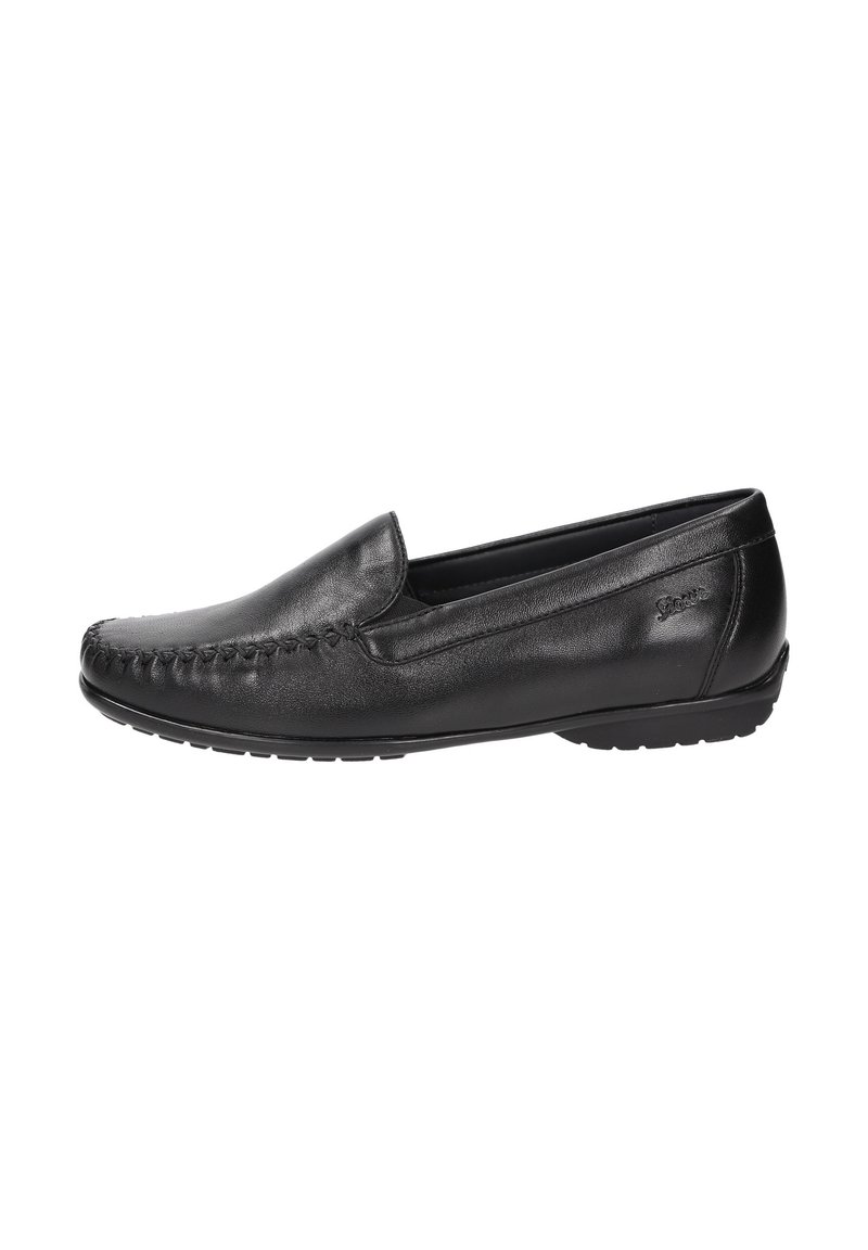 Schwarze Lederloafers mit Naht an der Spitze und einer glatten Oberfläche. Abgerundete Form, gepolsterte Innensohle und Gummisohle für besseren Halt.