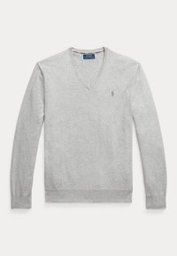 Svetlosivý sveter s dlhým rukávom a výstrihom do V, s malým vyšívaným logom Polo Ralph Lauren na hrudi a rebrovanými manžetami a lemom.