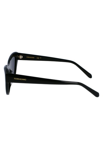 Schwarze Sonnenbrille mit einem schlanken Design, ausgestattet mit markanten Fassung und glänzender Oberfläche. Goldenes Logo an den Bügeln, gerade Bügel mit spitz zulaufenden Enden.