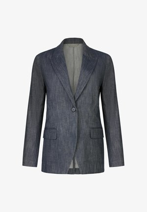 Ciemnoszara marynarka na jeden guzik z wyciętymi klapami, przednimi kieszeniami z patkami oraz długimi rękawami.