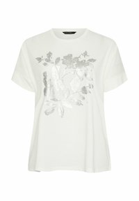 Hvid kortærmet t-shirt med et metallic sølvblad design på forsiden. Stofudseendet er glat med en afslappet pasform.