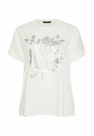 Weißes T-Shirt mit kurzen Ärmeln, das ein metallisches Silberblattdesign auf der Vorderseite zeigt. Der Stoff wirkt glatt und hat eine entspannte Passform.