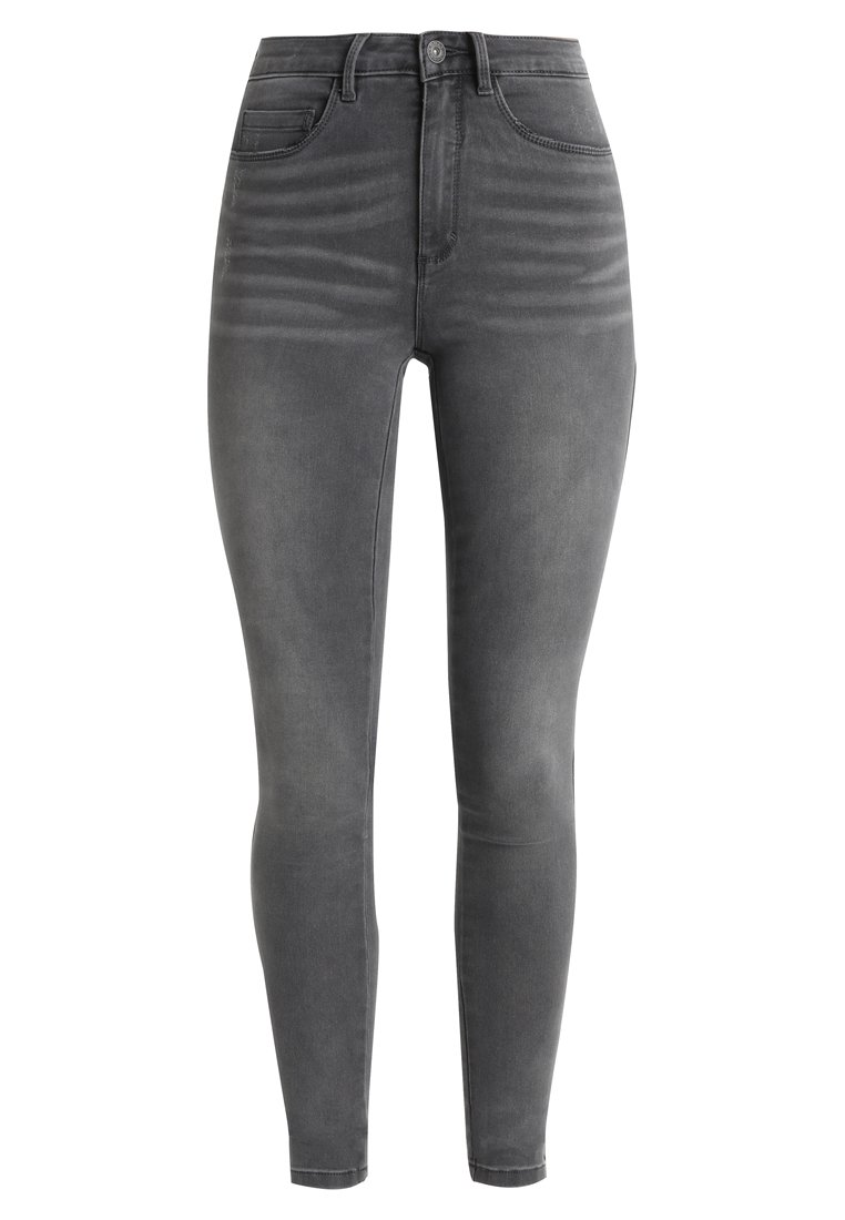 Jeans skinny a vita alta in denim grigio scuro con una texture liscia, cinque tasche e passanti per la cintura. Fading sottile vicino alle cosce.