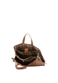 Borsa a tracolla in pelle marrone con interno a quadri. Presenta diversi scomparti e cerniere. Texture liscia e manici resistenti.