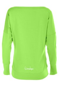 Sweatshirt à manches longues de couleur vert vif, avec un décolleté large et une coupe décontractée. Comprend un logo "Winshape" blanc à l'ourlet. Texture de tissu douce.