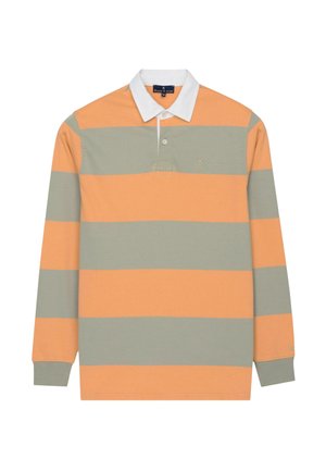 Rugbyshirt met lange mouwen en brede horizontale oranje en grijze strepen, witte kraag en knoopsluiting.
