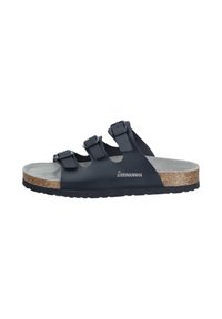 Black slide sandals with three adjustable straps, cork footbed, eva sole, and smooth upper material. Features logo on the side.