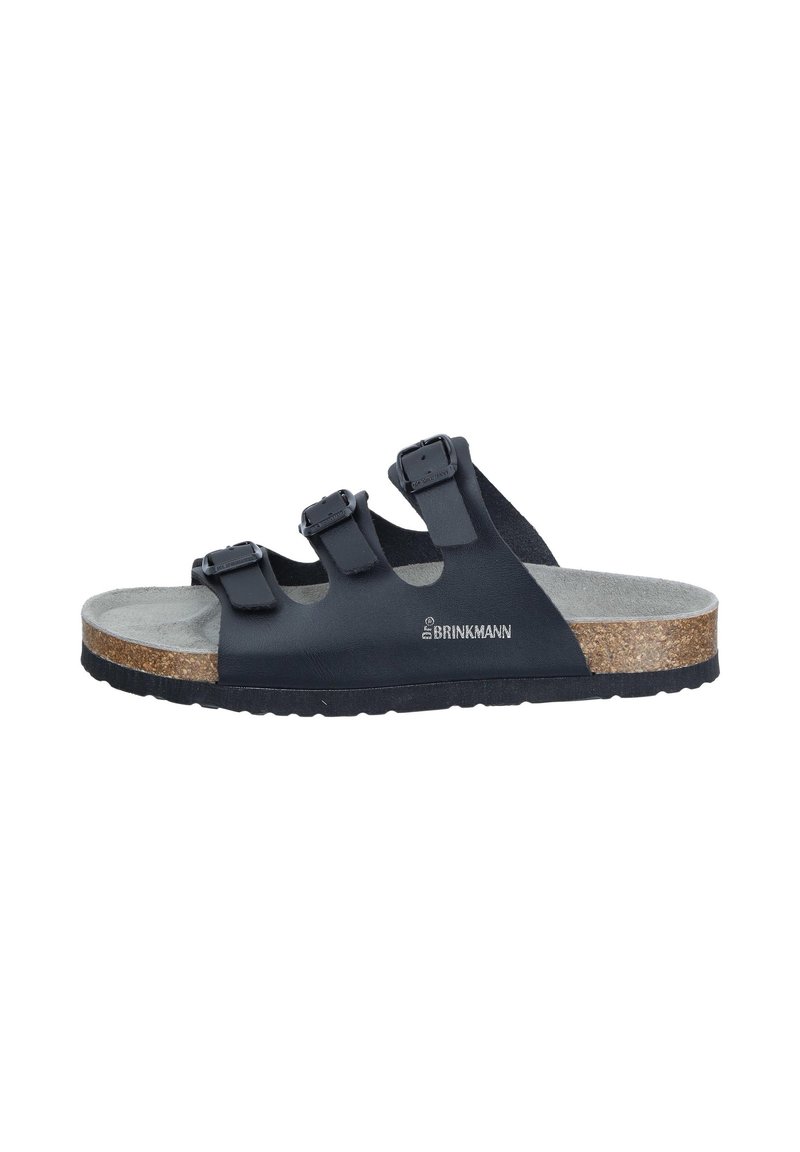 Black slide sandals with three adjustable straps, cork footbed, eva sole, and smooth upper material. Features logo on the side.