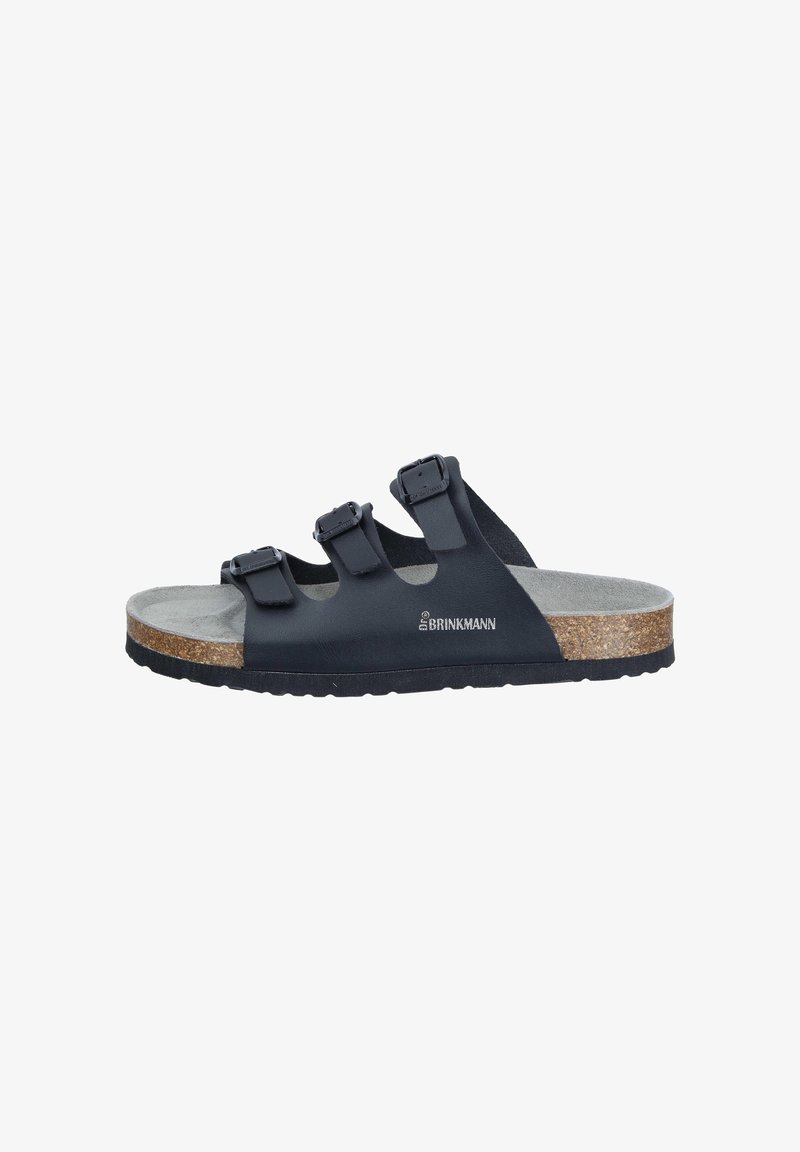 Black slide sandals with three adjustable straps, cork footbed, eva sole, and smooth upper material. Features logo on the side.