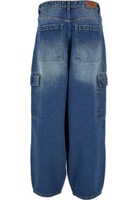 Blue denim cargo shorts with a loose fit, featuring a faded texture, two large side pockets, and a standard back pocket design.
