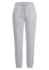 Grey sweatpants made of soft fabric, featuring an elastic waistband with drawstring, tapered cuffs, and a logo print on the left leg.