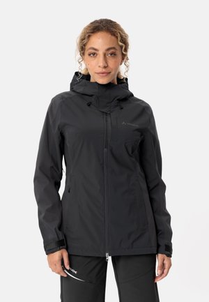 Giacca impermeabile nera con cappuccio, frontale con zip, polsini regolabili e un sottile dettaglio con logo. Leggera e progettata per l'uso all'aperto.