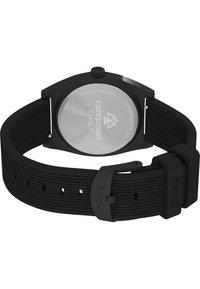 Ceas negru din silicon cu spate de carcasă din oțel inoxidabil, cadran rotund, curea texturată și cataramă neagră sigură. Logo gravat pe spate.