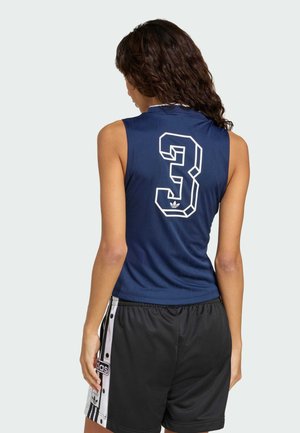Navy sleeveless sports jersey featuring a large white number 3 on the back, paired with black shorts adorned with white stripes and branding.