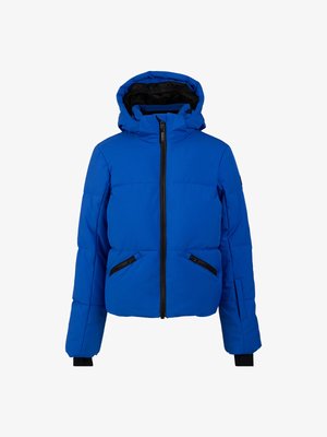 Kék párnázott téli dzseki fekete cipzárral, két elülső cipzáros zsebbel, hosszú ujjakkal és fekete bélésű, hozzákapcsolt kapucnival.