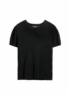 Zwarte gebreide t-shirt met korte mouwen, voorzien van een getextureerd golfpatroon, ronde halslijn en een relaxte pasvorm. Merklabel zichtbaar bij de hals.