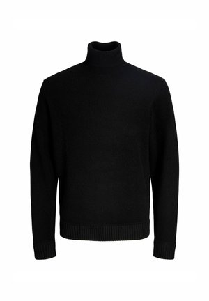 Pull noir à col roulé en tissu doux, avec des manches longues et des bords côtelés au niveau des poignets et de l'ourlet pour un look ajusté. Design simple sans motifs.