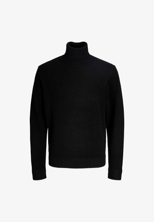 Fekete garbós pulóver, puha anyagból készült, hosszú ujjal és bordázott mandzsettával és aljjal, melyek szoros illeszkedést biztosítanak. Egyszerű dizájn, minták nélkül.