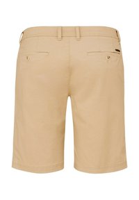 Light beige shorts made from cotton fabric, featuring a flat front, two back pockets, and a belt loop waistband.