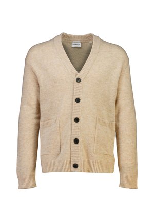 Beige wool cardigan with a V-neck, five black buttons, two front pockets, and ribbed cuffs and hem. Smooth texture with a heathered appearance.